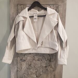 NWT Rivir White S Denim Silver Chain Fringe 80'S Cropped Small Diagonal Zipper